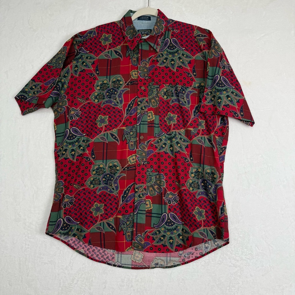 Vtg Chaps Ralph Lauren Shirt Men’s L Floral Paisley Red Plaid Short sleeve 90